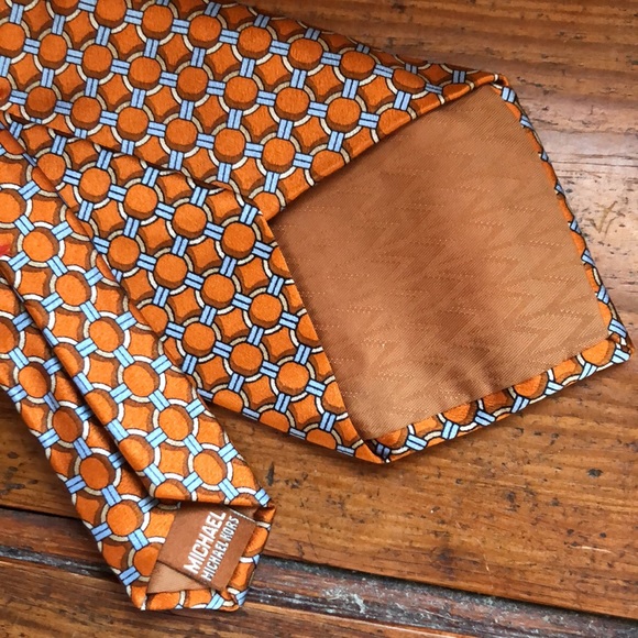 MICHAEL KORS USA Made 100% Silk Brilliant Orange Tan & Blue Graphic - Picture 7 of 16